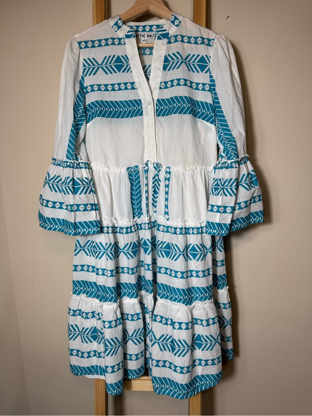 Attic Salt Aztec Teal White Ruffle Boho Tunic Mini Dress Size Medium